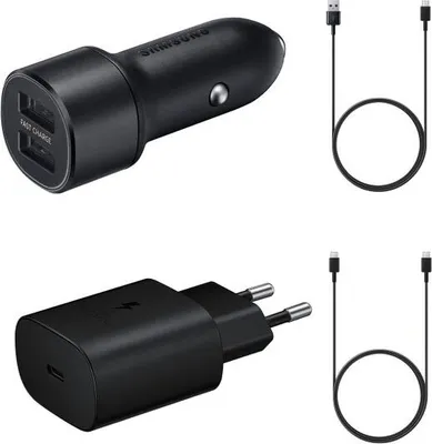 Zdjęcie produktu dla Samsung įkroviklio rinkinys ECO pakuotėje. Yra kelioniniai ir automobiliniai adapteriai su laidais (Juodas)