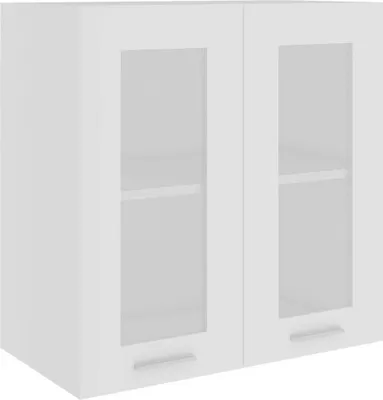 A white wall cabinet with two glass doors.