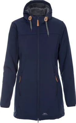 A navy blue women's jacket with a hood is shown against a white background.