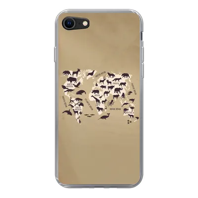 Produktbild von MuchoWow® Handyhülle Schutzhülle Hülle für iPhone SE 2022 Weltkarte - Tiere - Braun Silikon Softcase Handy Hülle - Schutzhülle