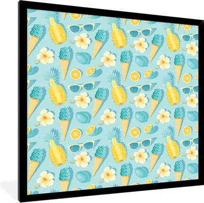 Produktbild von MuchoWow® Gerahmtes Poster Sommer - Elemente - Blau - Muster 40x40 cm - Poster mit Schwarzem Bilderrahmen Wandposter Rahmen Foto Bilder - Mit Rahmen - Wanddekoration Schlafzimmer