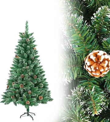 Produktbild von UISEBRT 150cm Künstlicher Weihnachtsbaum Tannenbaum Grün mit Schnee und Kiefernzapfen Christbaum Kunstbaum für Weihnachten-Dekoration mit ständer