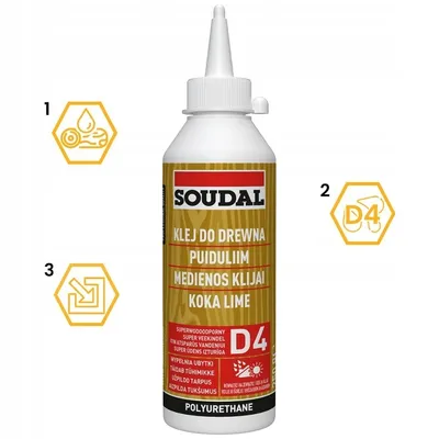 A bottle of Soudal wood glue with informational icons on the left and right.