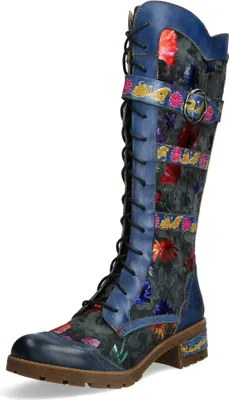 Produktbild von Laura Vita Damen Stiefel Leder mit Blumenmuster Riemen und Schnalle Cocrailo 85, Größe:37 EU, Farbe:Blau