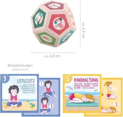 Produktbild von Buntes Yoga-Würfel-Set für Kinder, 12-seitig mit Yogapositionen & Anleitungskarten