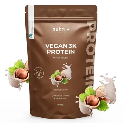 Produktbild von nutri+ Vegan 3K Proteinpulver 1000 g - High Protein Eiweißshake Haselnuss
