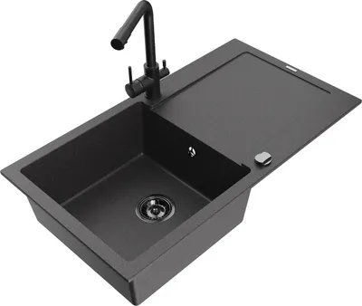 Produktbild von Mexen Leo 1 Becken-Granitspüle mit Abtropffläche und Mischbatterie Duero, Schwarz gesprenkelt - 6501-76-671600-70-B