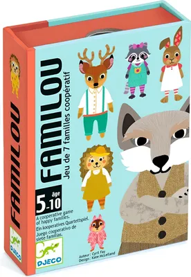 The image shows the front and side of a board game box for 'Familou'. The box features colorful illustrations of various cartoon animals.