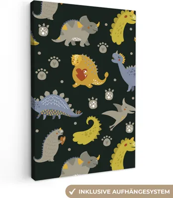 Produktbild von OneMillionCanvasses® - Leinwandbilder - 90x140 cm, Dino - Kinder - Schnittmuster - Jungen - Mädchen - Dinosaurier, Wandbilder Kunstdruck Wanddekoration - Wandschmucke - Schlafzimmer