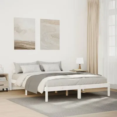 Imagen del producto de Cama de madera maciza extra larga, color blanco, sin colchón, 140x210 cm, fabricada en pino
