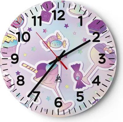 Produktbild von Wanduhr - Rund - Glasuhr - Süßigkeiten Süßigkeiten Kinder Kuchen - 40x40cm - Schleichendes Uhrwerk - Lautlos - zum Aufhängen bereit - Dekoration Modern - Wanddekoration aus Glas - C4AR40x40-2919