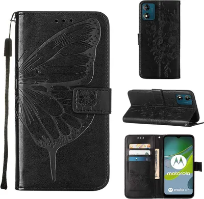 Obrázek produktu pro Pouzdro pro Motorola Moto E13 Motýlí Reliéf Flip Kožené Pouzdro s Kapsami na Karty a Stojánkem černé