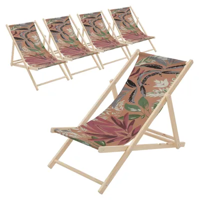 Produktbild von ECD Germany 5er Set Liegestuhl klappbar Floral Braun-Rot-Grünaus Holz Sonnenliege mit 3-Fach verstellbarer Rückenlehne Strandliege für Garten Balkon