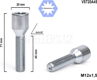 Obrázok produktu pre Skrutka kolesa M12x1,5x45 s vnútorným polygónom, VST20A45, priemer hlavy 20 mm, výška 71 mm