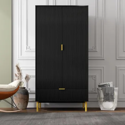 Produktbild von Vertikaler Doppel-Tuerenschrank mit 1 Schublade 90x55x180 cm PVC MDF + PB MDF Metallfuesse Schublade Kleiderstange Stauraum Schwarz