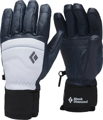 Dunkelblaue Skihandschuhe für Frauen von Black Diamond mit weißem Logo und elastischem Bündchen.