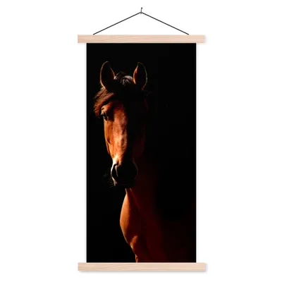 Produktbild von MuchoWow® Textilposter Pferd - Licht - Porträt 60x120 cm mit holzfarbenen Rahmen - Holz