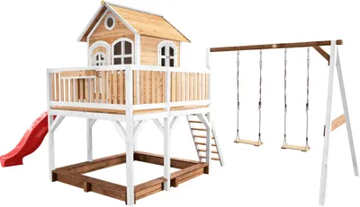 Produktbild von AXI Spielhaus Liam mit Sandkasten, Doppelschaukel & roter Rutsche | Stelzenhaus XXL in Braun & Weiß aus  Holz für Kinder | Spielturm mit Wellenrutsche & Schaukel für den Garten