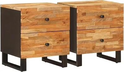 Imagen del producto de Juego de dos mesitas de noche, madera maciza de mango, color marrón, 40 x 33 x 46 cm, con 4 cajones, 35 kg