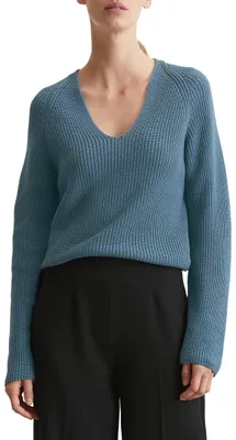 Produktbild von Marc OߴPolo Damen Strickpullover aus Baumwolle mit V-Ausschnitt, Blau (Hazy
