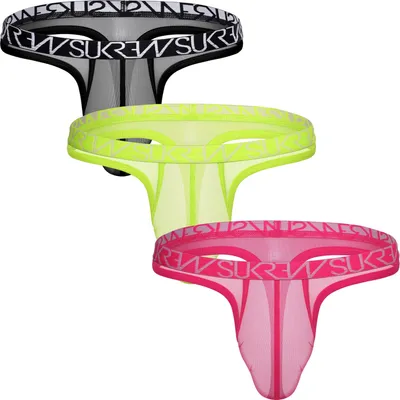 Produktbild von SUKREW - Herren Thongs Unterwäsche - Sheer Low-rise Thong Vorteilspack Underground Black + Acid Yellow + Elect Pink - Größe M