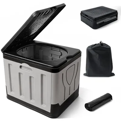 Produktbild von Campingtoilette Eckige Faltbar, Campingklo, Tragbare Mobile Toilette mit Aufbewahrungstasche & Müllbeuteln, Reise WC für Camping, Outdoor, Grau