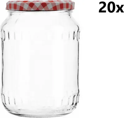 Produktbild von Einmachgläser 720 ml FACETTE klar/transparent 20 Stück INKLUSIVE KARIERT ROTEN DECKELN, Stückzahl in der Packung: 20