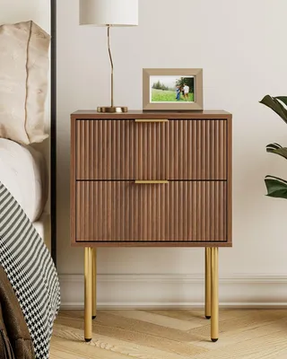 Image de Table de chevet avec tiroirs - Table d'appoint - Rangement pour chambre - Design moderne bohème - 2 tiroirs - Noyer