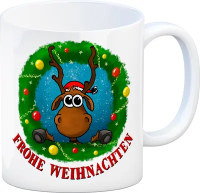 Produktbild von Kaffeebecher mit Rentier Weihnachtskranz Motiv und Spruch: Frohe Weihnachten