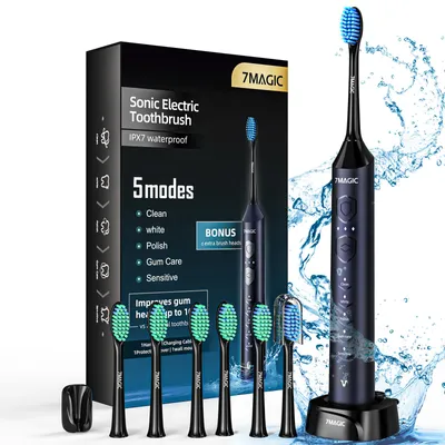 Produktbild von 7Magic Elektrische Schallzahnbürste, Deep Clean Modi, 6 Bürstenköpfe, schnelle Aufladung für 60 Tage&40000 VPM, 5 Modi, Erwachsene und Kinder, Dunkelb