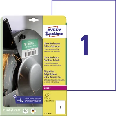 Image de Avery Zweckform L7917-10 Étiquettes en film ultra-résistant, 210 x 297 mm, 10 feuilles/10 étiquettes, blanc