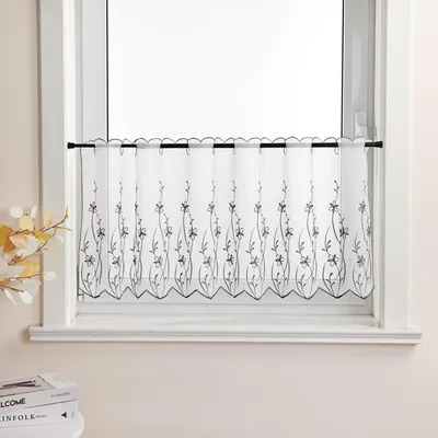 Produktbild von Joyswahl Scheibengardine mit Blumenstickerei Transparente Bistrogardine mit Tunnelzug Kurzgardine für Küche Wohnzimmer Grau HxB: 30x90cm