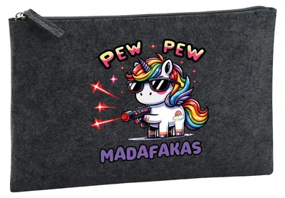 Produktbild von Huuraa Kulturbeutel Pew Pew cooles Einhorn 1 Liter Charcoal Filz Kosmetiktasche Geschenkidee