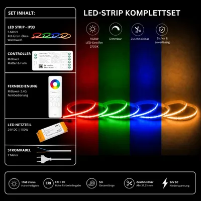 Produktbild von LED Streifen Set RGBW – COB LED Streifen 24V, punktfrei, 20 W/m, 5m, RGB + Warmweiß 2700K, CRI 90, IP33 – SS150 Netzteil, SM5 Matter Controller und C5 Fernbedienung Weiß