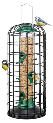 Immagine prodotto di Distributore di mangime per uccelli con gabbia protettiva, resistente ai piccioni, realizzato in metallo robusto, da appendere, colore verde, 39,1 cm