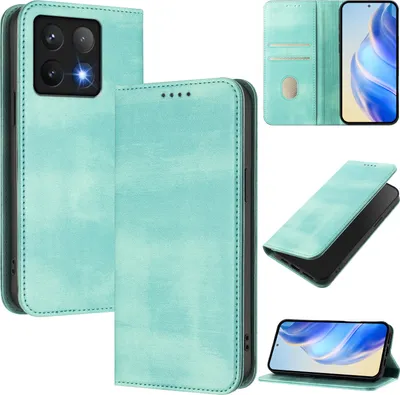 Produktbild von Handyhülle für Xiaomi 14T, Vintage Leder RFID Schutz Kartenfach Standfunktion Magnetische Klapphülle Türkis