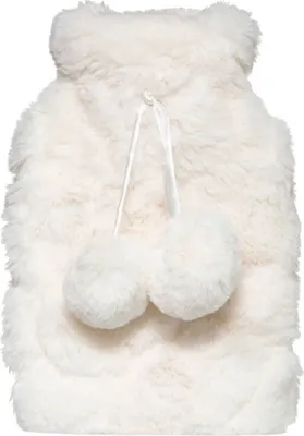 A fluffy white hot water bottle with two pom-poms.