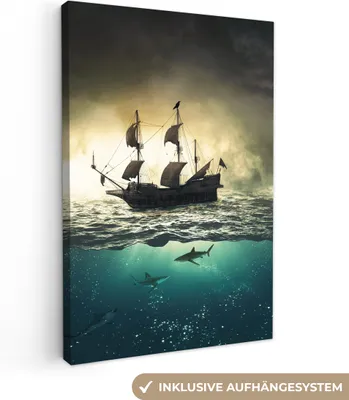 Produktbild von OneMillionCanvasses® - Leinwandbilder - 90x140 cm, Boot - Hai - Meer, Wandbilder Kunstdruck Wanddekoration - Wandschmucke - Schlafzimmer