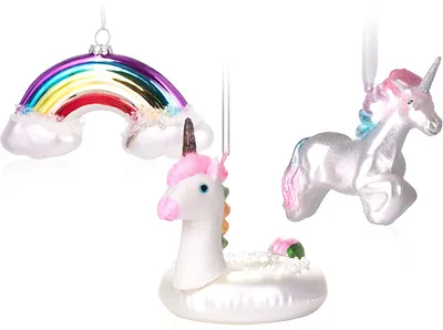 Produktbild von BRUBAKER 3-teiliges Baumkugel Set Einhörner - Handbemalte Weihnachtskugeln Einhorn, Schwimmring und Regenbogen - Mundgeblasener Christbaumschmuck aus Glas - Baumschmuck Lustig - Rosa Bunt