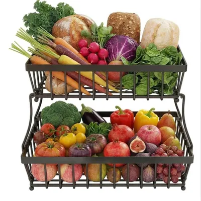Image de Panier à fruits à 2 niveaux - Étagère empilable avec un panier métallique amovible - Pour les fruits, les légumes et les collations dans la cuisine - Noir