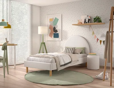 Produktbild von VIPACK - Polsterbett Set MOON mit Liegefläche 90 x 200 cm, inkl Lattenrost und 1 Polsterhocker/Nachttisch, Bezug trendiger Boucle Stoff in Weiß