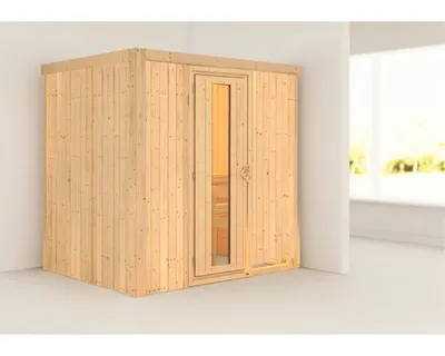 Produktbild von Elementsauna Karibu Bodina ohne Ofen und Dachkranz mit Holztüre und Isolierglas wärmegedämmt