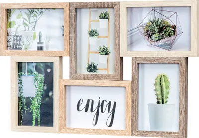 A collage of six framed pictures of plants and a framed word 'enjoy'.