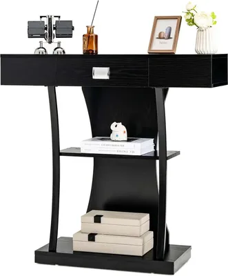 Image de Console en bois - Table d'entrée - Avec tiroirs - Structure métallique - 2 tablettes - Protection anti-basculement - À monter soi-même - Noir