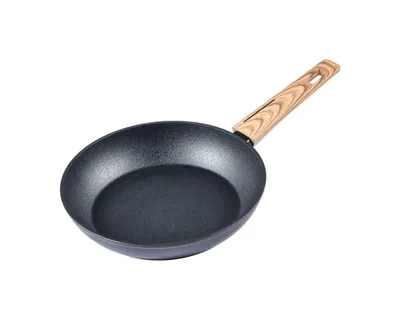 A frying pan with a wood-effect handle is shown against a white background.