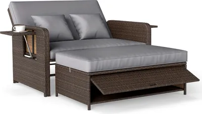 Produktbild von COSTWAY 3 in 1 Polyrattan Gartenliege, Sonnenliege mit verstellbarer Rückenlehne, Seitenablagen, Kissen & Hocker, Loungebett Doppelliege Gartensofa