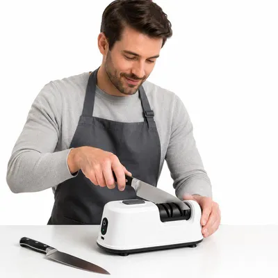 Produktbild von Elektrischer Messerschärfer für Küchenmesser, 2-stufiger Schleifer mit Polierfunktion, V-Schliff, rutschfester Standfuß, für Messer, Scheren und Zuhause
