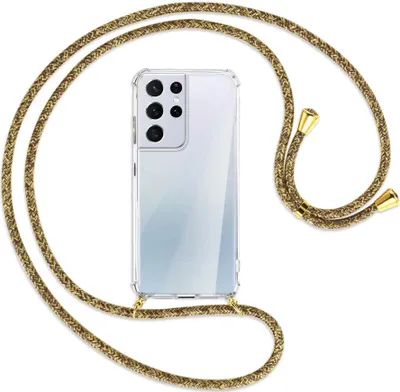 Produktbild von Handykette Backcover-Schutzhülle mit Band (Metall goldfarben) für Samsung Galaxy S21 Ultra 5G - braun+beige