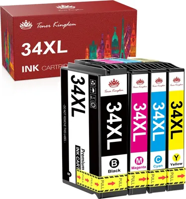 A box of Toner Kingdom 34XL ink cartridges with four cartridges displayed in front of it.