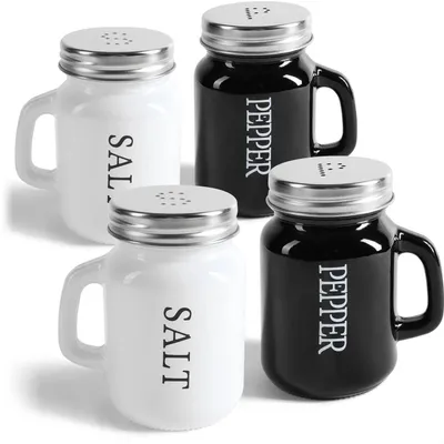 Produktbild von com-four® 4-teiliges Salz- und Pfefferstreuer-Set - Gewürzstreuer mit Schraubdeckel und Henkel - Gewürzglas in Bierkrug-Form mit Aufschrift - moderne Schüttler